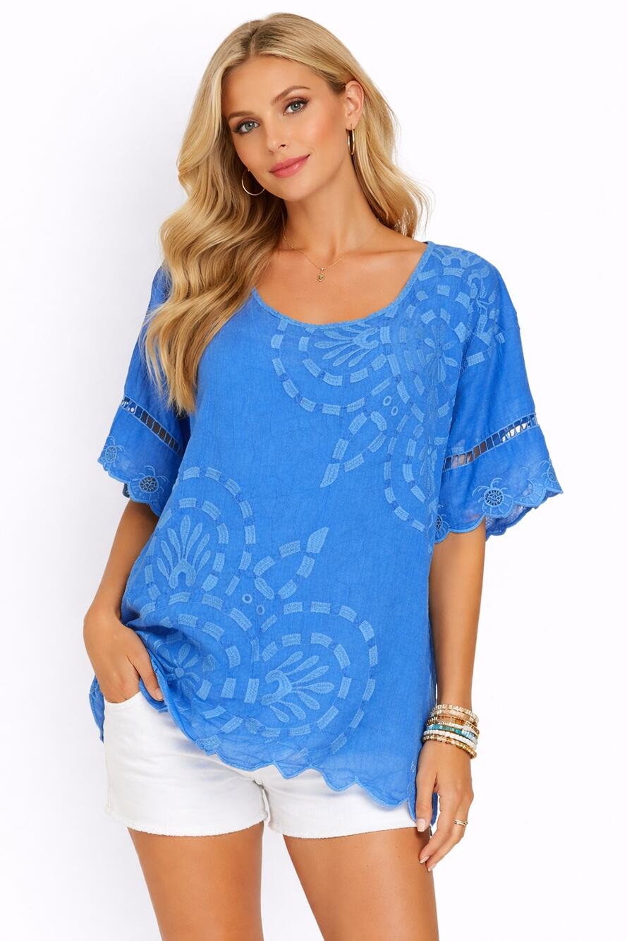 Johnny Was Blue Embroidered Scallop Hem Tunic Top Boho Womens XS